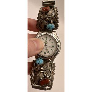 Vintage Mens Watch with Navajo Made Sterling Silver Turquoise Coral Watch Tips